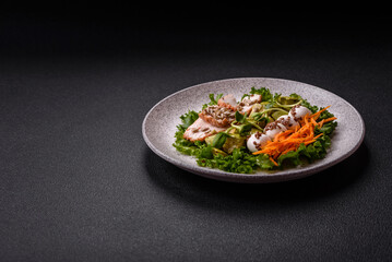 Delicious diet salad with turkey or chicken slices, lettuce, carrots, mozzarella