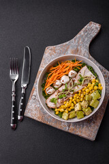 Delicious diet salad with turkey or chicken slices, lettuce, carrots, mozzarella
