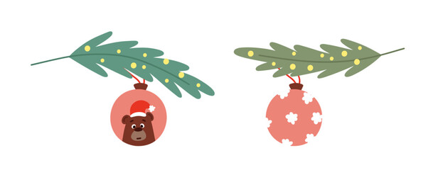Set Ball on a branch. Merry Christmas and Happy New Year. Winter illustration for banner, poster, cover. Vector