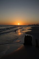 beautiful sunset along beach as waves roll in and out over warm reflecting sand. Tranquil and scenic view of vacation destination.