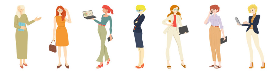 Modern business women, character design set. Vector illustrations.