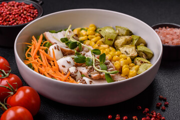 Delicious diet salad with turkey or chicken slices, lettuce, carrots, mozzarella
