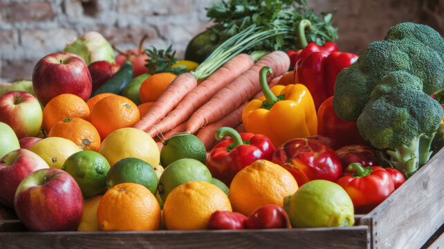 A photo of a variety of fresh fruits and vegetables. There are apples, oranges, lemons, limes, carrots, broccoli, bell peppers, and tomatoes. The fruits and vegetables are arranged in a wooden crate. 