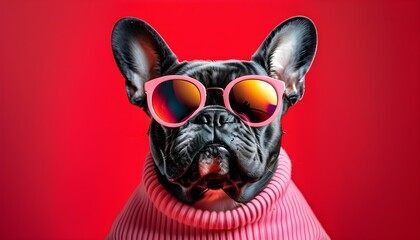 Chic French Bulldog in Pink Sunglasses Against a Bold Red Background, Ideal for Playful Pet Posters and Greeting Cards with Text Space