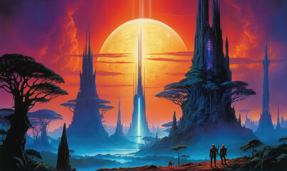 Two figures stand in awe of the majestic towers and glowing moon in a fantastical, alien landscape