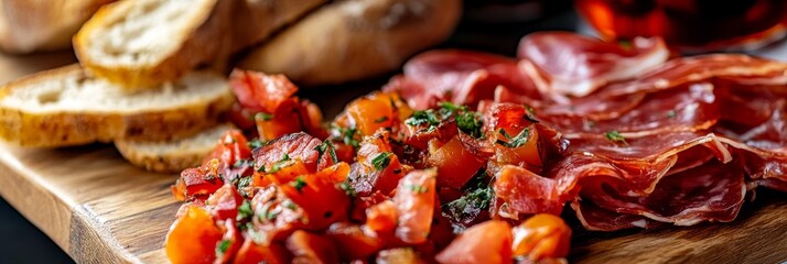 A close-up shot of a delicious platter featuring Jamon Iberico, rustic vegetables, and crusty bread. The vibrant colors and textures of the food make this image visually appealing and appetizing. This