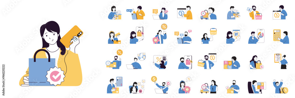 Poster mobile commerce concept mega set with character scenes in flat design for web. bundle situations wit