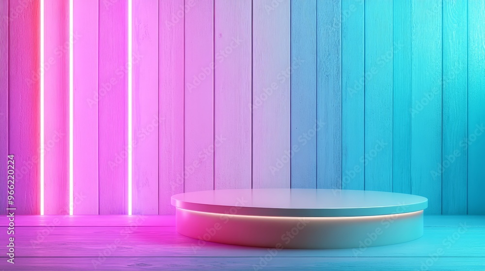 Poster a clean and modern product display featuring a circular platform illuminated by vibrant neon lights 