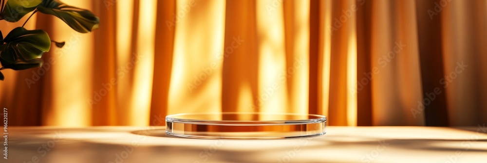 Poster a clear acrylic podium sits on a white surface, with a soft golden drapery backdrop. the podium is e