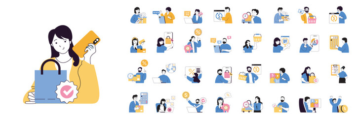 Mobile commerce concept mega set with character scenes in flat design for web. Bundle situations with people make purchases in app, pay online with credit card, ordering product. Vector illustrations.