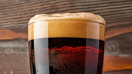 A photo of a stout beer with a creamy head. The beer has a dark brown color with a ruby hue. The head is light beige and has a creamy texture. There are bubbles rising to the surface.