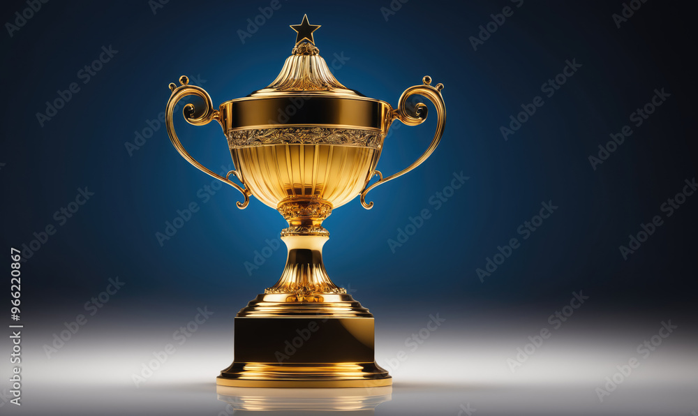 Wall mural a gold trophy with a star sits on a table against a blue backdrop