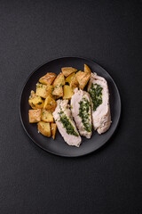 Chicken roulade with spinach, cheese, spices, salt and herbs