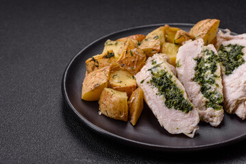 Chicken roulade with spinach, cheese, spices, salt and herbs