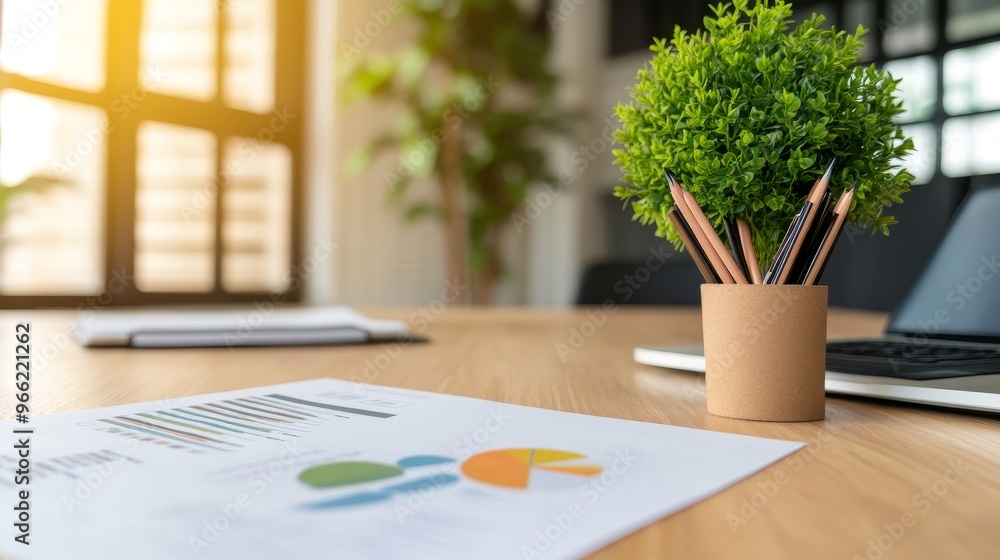 Poster a close-up image of a modern office desk with a business plan document featuring charts and graphs. 