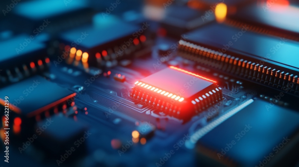 Aufkleber a close-up image of a semiconductor assembly line, showcasing a red glowing processor. this image re