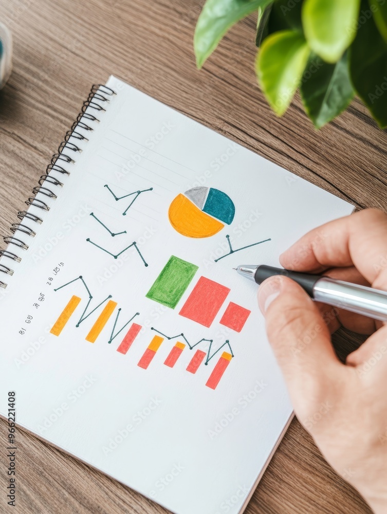 Poster a close-up image of a hand holding a pen, reviewing colorful charts and graphs drawn on a notepad. t