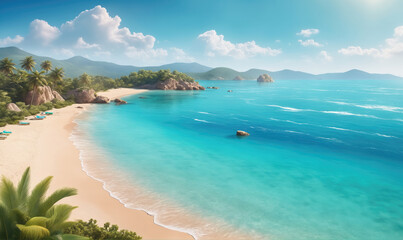 A tropical beach with white sand and clear blue water on a sunny day