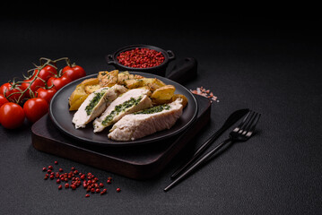 Chicken roulade with spinach, cheese, spices, salt and herbs