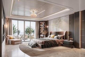 3D rendering of an elegant bedroom 3D rendering of large bedroom. Computer generated image of a luxurious and elegant bedroom interiors.