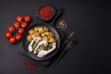 Chicken roulade with spinach, cheese, spices, salt and herbs