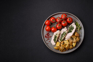 Chicken roulade with spinach, cheese, spices, salt and herbs