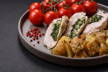Chicken roulade with spinach, cheese, spices, salt and herbs