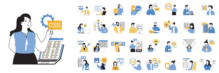 Programming concept mega set with character scenes in flat design for web. Bundle situations with people coding on computer or laptop, creating algorithms, developing programs. Vector illustrations.