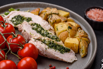 Chicken roulade with spinach, cheese, spices, salt and herbs