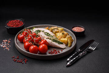 Chicken roulade with spinach, cheese, spices, salt and herbs