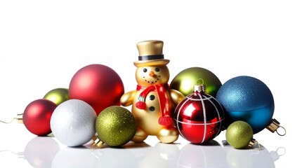 Golden Snowman Christmas Ornament with Colorful Balls on White Background