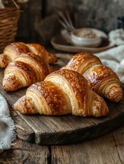 Fototapeta premium A close-up shot of four golden brown croissants, freshly baked and arranged on a rustic wooden table. The warm, inviting colors and the flaky texture of the croissants evoke a sense of comfort and in