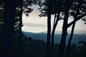 Naklejka premium Scenic landscape of foggy morning in the Great Smoky Mountains of Georgia and North Carolina