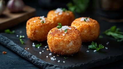 A close-up shot of four golden-brown croquetas, sprinkled with sea salt and garnished with parsley, resting on a rustic slate serving platter, symbolizing Spanish cuisine, gourmet food, appetizer,  ap