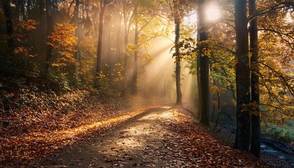 Obraz premium tranquil forest path covered in autumn leaves, with golden light filtering through the trees