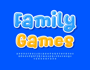 Vector playful badge Family Games. Bright Glossy Font. Creative Alphabet Letters and Numbers set.