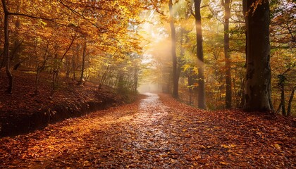tranquil forest path covered in autumn leaves, with golden light filtering through the trees