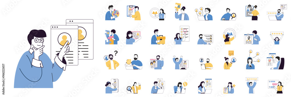 Poster recruitment concept mega set with character scenes in flat design for web. bundle situations with pe