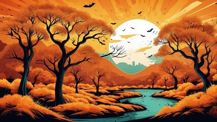 Retro comic illustration of autumn mountains