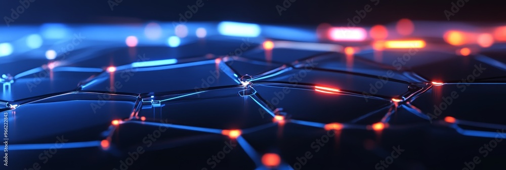 Poster a close-up of a digital network with glowing lines, representing connection, technology, innovation,