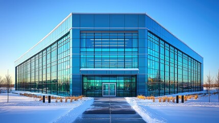 Fototapeta premium Modern Corporate Office Building Facade with Glass Windows and Reflective Surface in Urban Setting