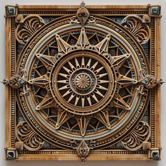 A detailed wooden mandala relief carving featuring a central star motif surrounded by intricate patterns and designs. The artwork showcases a blend of geometric.