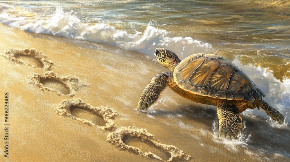 Poster A sea turtle emerging from the water and crawling onto a sandy beach, with footprints trailing behind, representing the nesting process and conservation efforts.