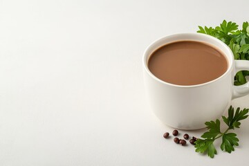A close-up of a white bowl filled with creamy black bean soup, garnished with fresh herbs. The soup is a rich, dark brown color and has a smooth, creamy texture. The bowl is set on a white background,