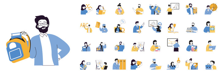 School learning concept mega set with character scenes in flat design for web. Bundle situations with people studying and teaching, reading books, answering at lessons and tests. Vector illustrations.