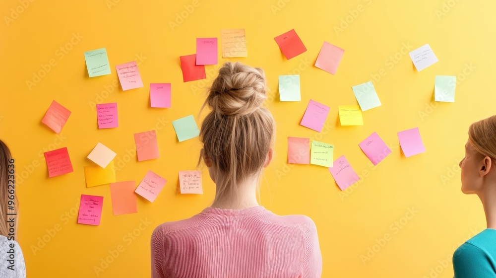 Poster a brainstorming session with diverse individuals, each contributing ideas on sticky notes to a large