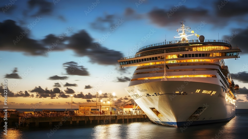 Canvas Prints A large cruise ship docked at a pier at dusk.