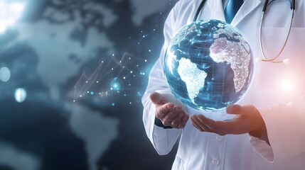 Doctor holding a digital globe in his hands. 