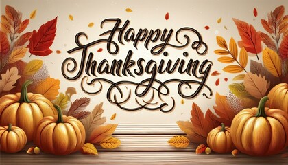 Elegant Happy Thanksgiving calligraphy with autumnal theme, pumpkins and dry leaves on rustic wooden background for holiday season greetings