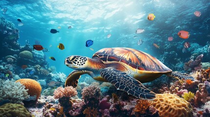 Obraz premium A sea turtle resting on a coral reef, surrounded by small fish and marine life, highlighting the importance of reef ecosystems and underwater biodiversity.